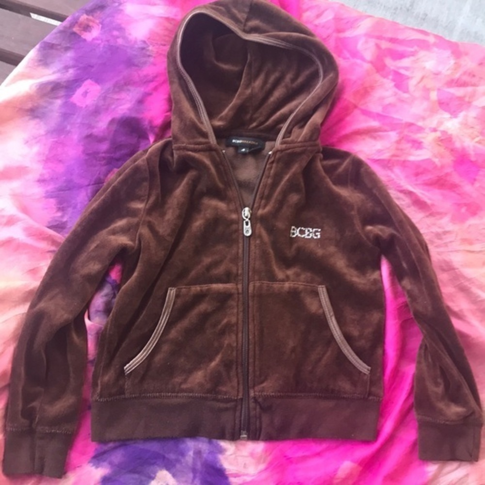 BCBG brown velour rhinestone lapel logo hoodie‎